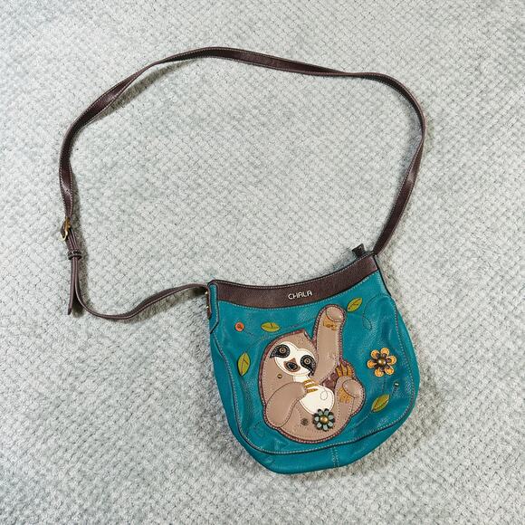 Adorable CHALA Crescent Teal Leather Sloth Crossbody Bag Purse - Picture 1 of 5